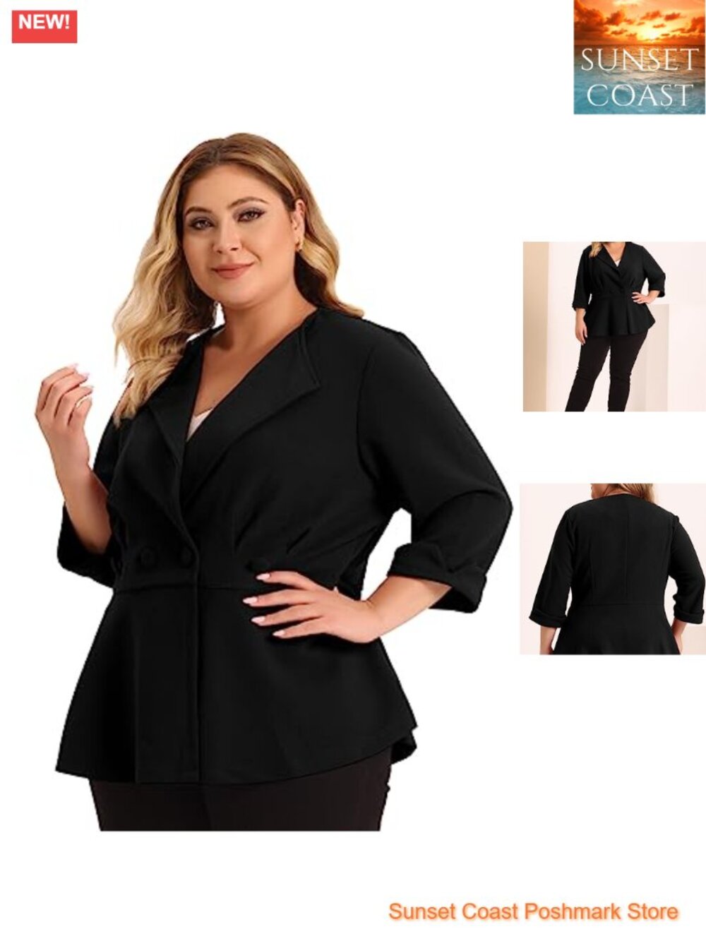 Women's Plus Size Peplum Blazer with Notched Lapel & Ruffle Hem - 3/4 Sleeve